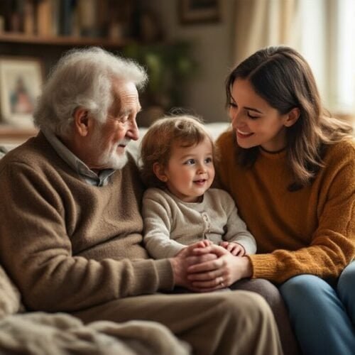 Elderly man with granddaughter and young woman sharing joyful moment on sofa, family bonding, love, faith, Christian lyrics, Bible songs, children’s spiritual education, church community, uplifting music for kids.