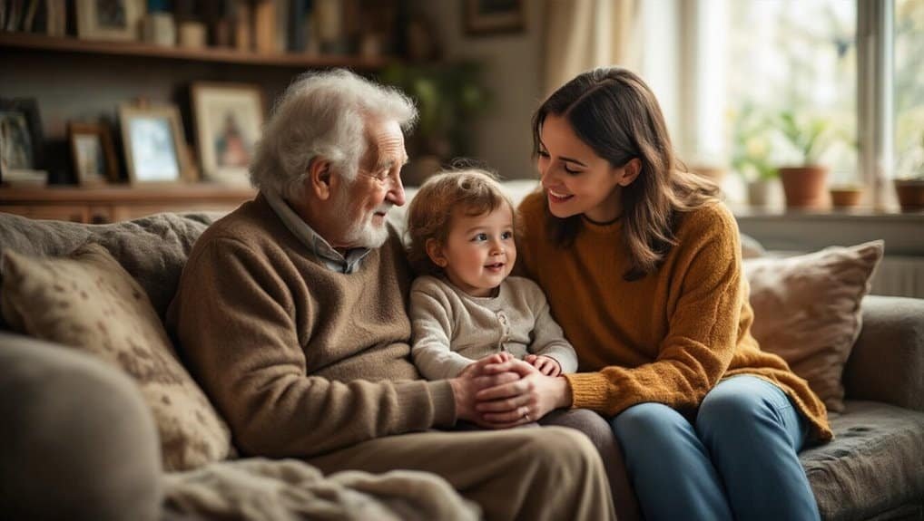Elderly man with granddaughter and young woman sharing joyful moment on sofa, family bonding, love, faith, Christian lyrics, Bible songs, children’s spiritual education, church community, uplifting music for kids.