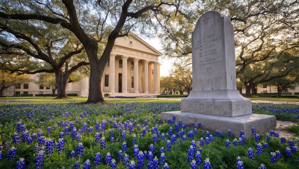 Beautiful image of a church surrounded by lush trees and blooming bluebonnets, creating a serene environment ideal for worship and reflection. Perfect for promoting faith-based community and spiritual growth.