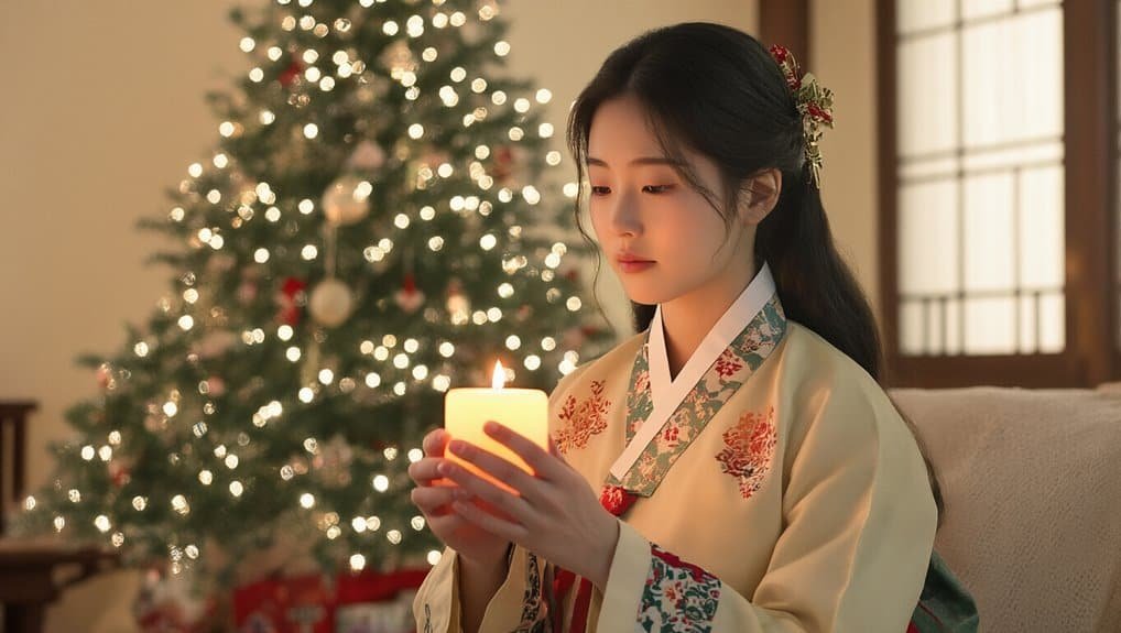 Serene young woman in traditional Hanbok holding a lit candle during Christmas celebration in a cozy, decorated room with Christmas tree, evoking peaceful holiday spirit and faith.
