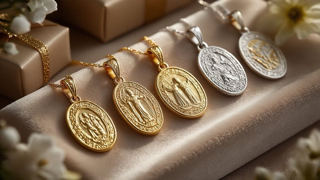 Gold and silver religious medals necklaces showcasing Christian faith and biblical symbolism, set on elegant satin fabric with floral accents.
