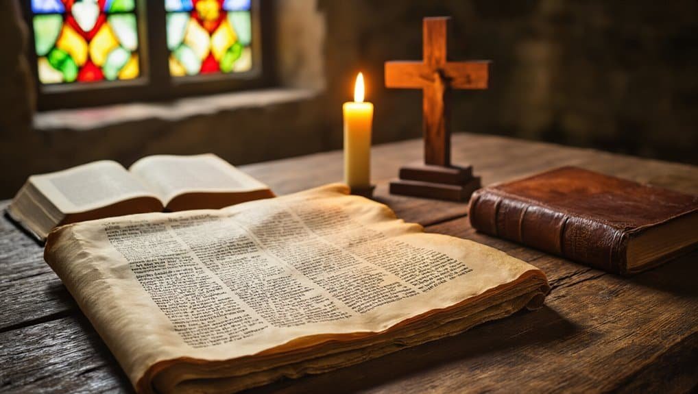 Ancient open Bible on wooden table with candle and cross, devotional setting for Christian worship and prayer.