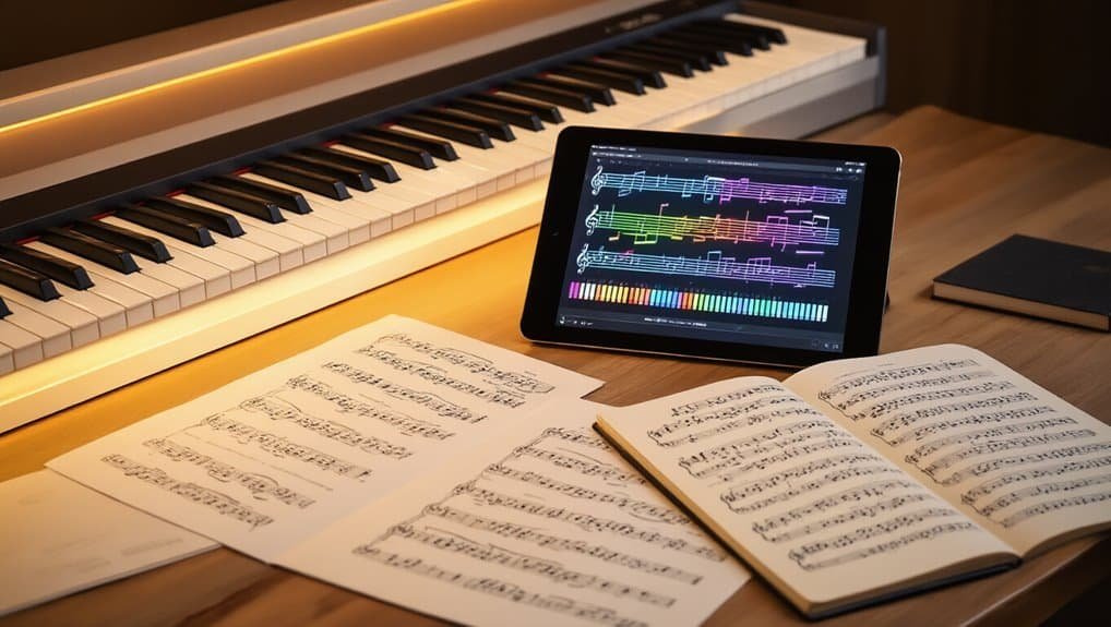 Brightly colored digital music notation displayed on tablet beside traditional sheet music and piano, illustrating modern and classical tools used for learning and playing Christian and Bible-inspired songs.