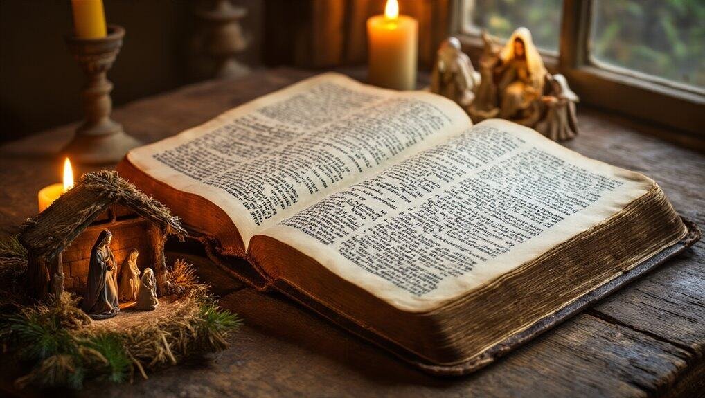 Bible open on rustic wooden table with nativity scene, candles, and preacher figurines, symbolizing Christian faith and worship. Perfect for religious inspiration and Bible study.