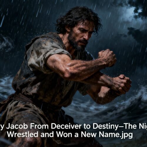 1. Man in stormy waters representing biblical story of Jacob wrestling with God for a new identity and faith renewal.