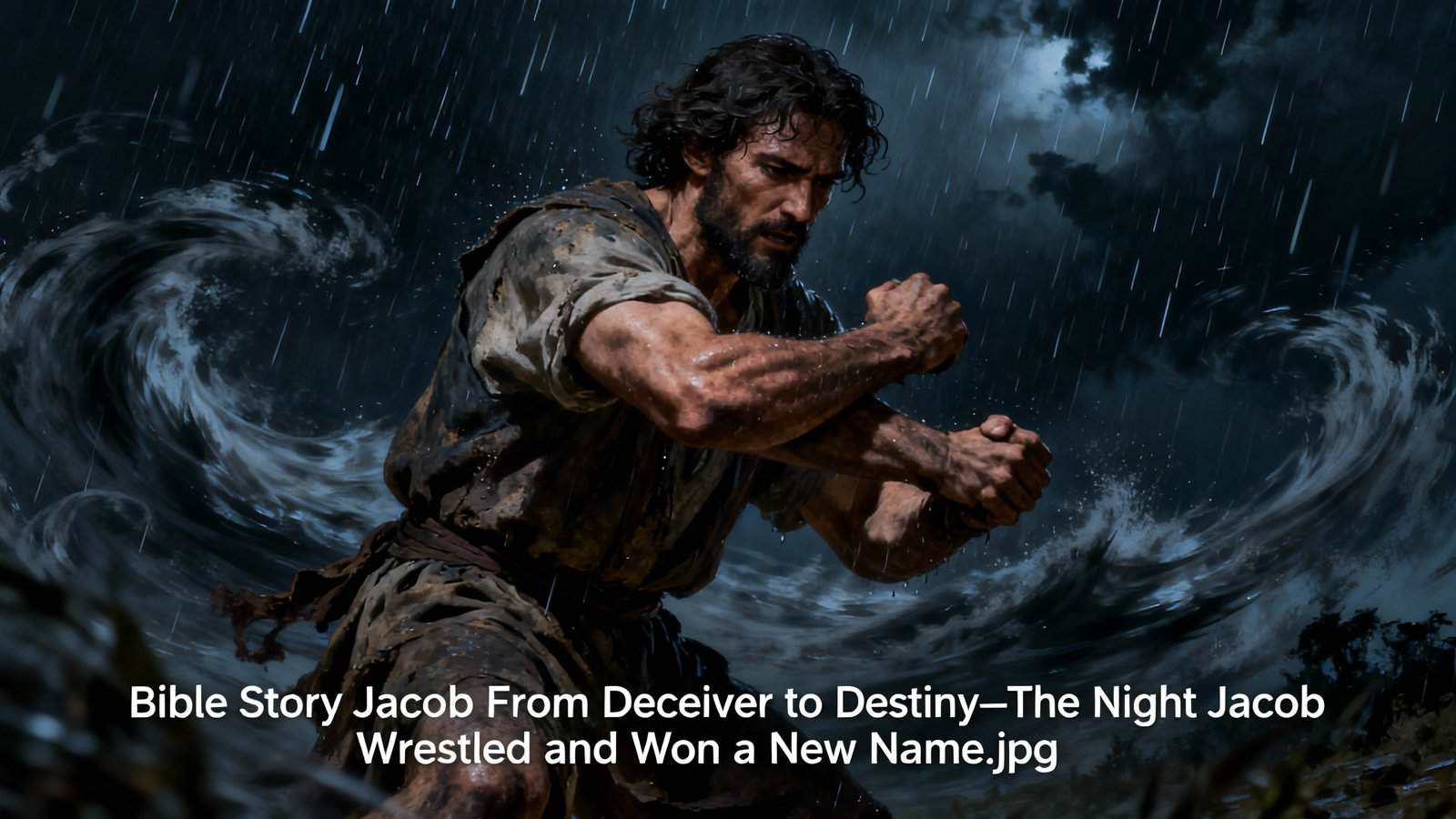 1. Man in stormy waters representing biblical story of Jacob wrestling with God for a new identity and faith renewal.