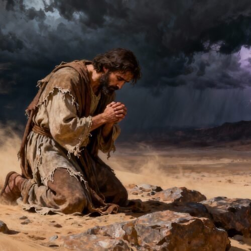 Kneeling man praying in the desert with stormy skies and lightning, representing faith, prayer, perseverance, and biblical moments. Perfect for Christian inspiration and spiritual devotion images.
