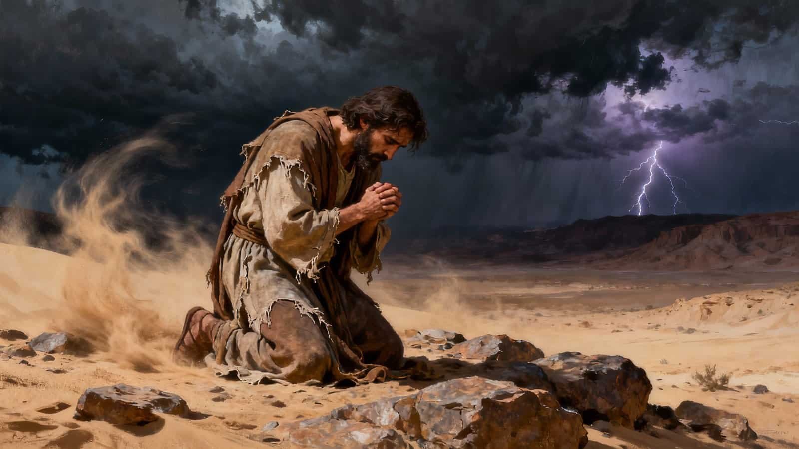 Kneeling man praying in the desert with stormy skies and lightning, representing faith, prayer, perseverance, and biblical moments. Perfect for Christian inspiration and spiritual devotion images.