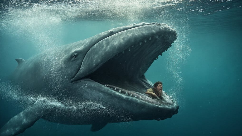 Bible Story Jonah Swallowed Whole What the Whale Story Really Teaches About Second Chances My Bible Song 2026 Giant humpback whale under the ocean opening its mouth, with a man inside, illustrating survival and faith themes from My Bible Song for inspiring Christian children.