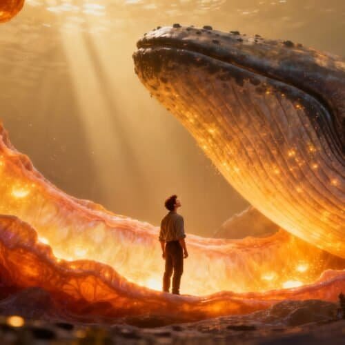 Majestic whale emerging from fiery ocean with a person gazing up, symbolizing faith and divine presence in biblical songs, stunning digital illustration for My Bible Song.
