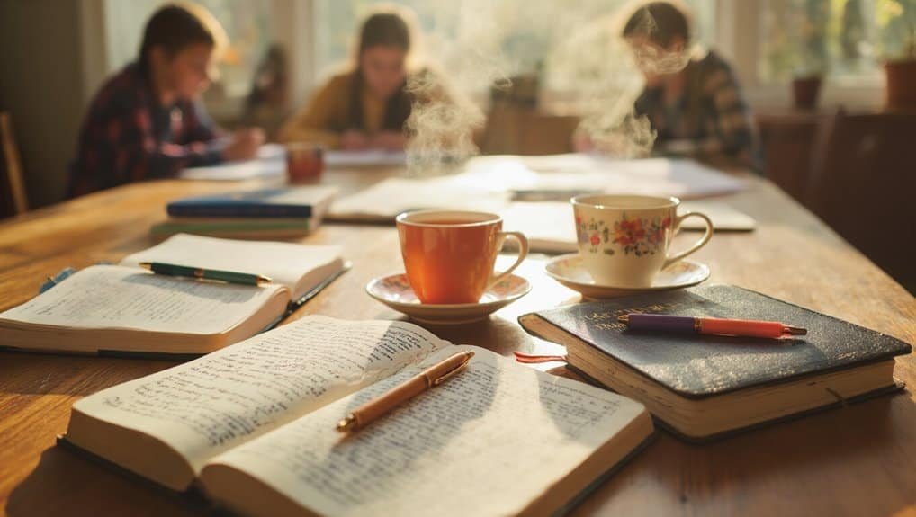 Bible study with open scriptures, notebooks, and coffee cups on a wooden table; ideal for Christian prayer, worship, and religious learning.