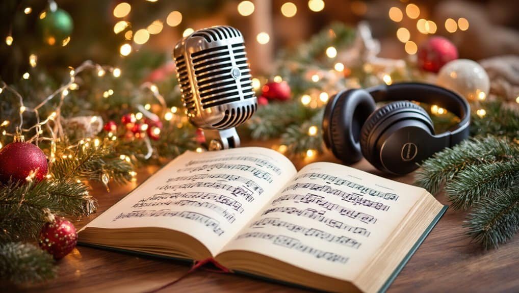 1. Microphone, headphones, and open hymn book on Christmas decorated table, evoking faith-based music and singing with My Bible Song.