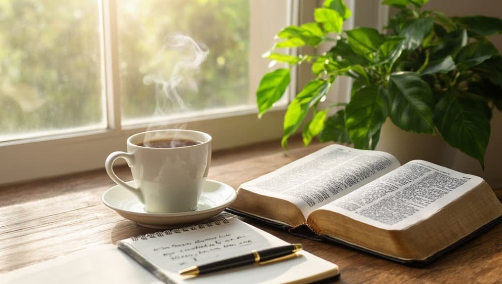 Peaceful morning with a steaming cup of coffee, an open Bible, and a prayer journal near a bright window, perfect for devotionals and spiritual reflection.
