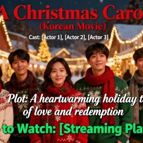 Joyful family celebrating Christmas with festive holiday sweaters, Christmas trees, and lights in a winter village setting, promoting holiday movies and family entertainment.