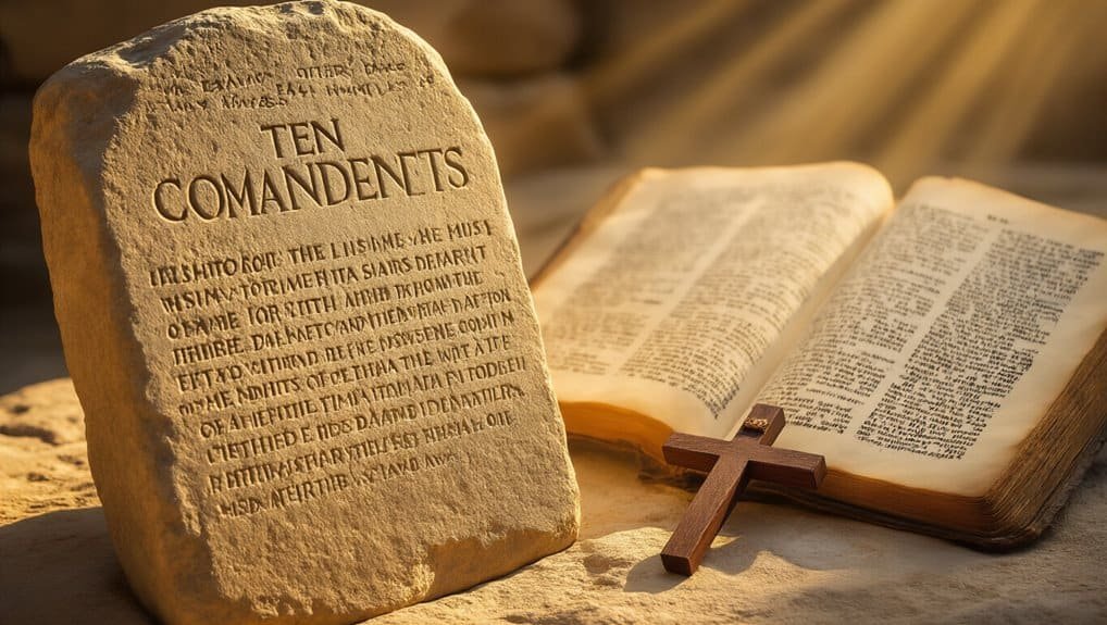 Ancient stone tablet engraved with Ten Commandments, open Bible, and wooden cross representing faith, Christian teachings, and biblical values. Perfect for religious inspiration and spiritual growth.