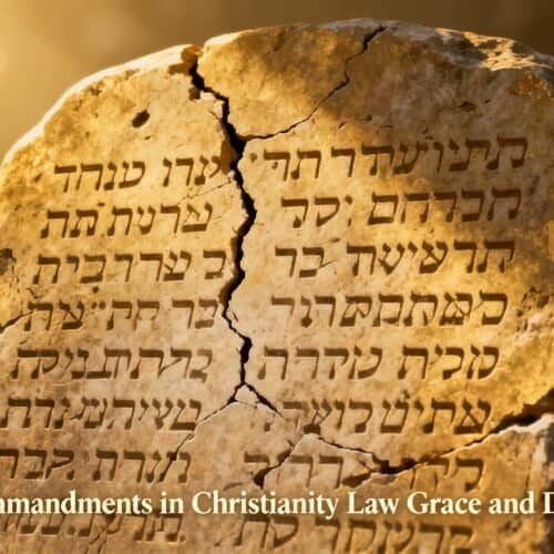 Modern cracked stone tablet inscribed with the Ten Commandments, symbolizing Christian biblical law and moral guidance.