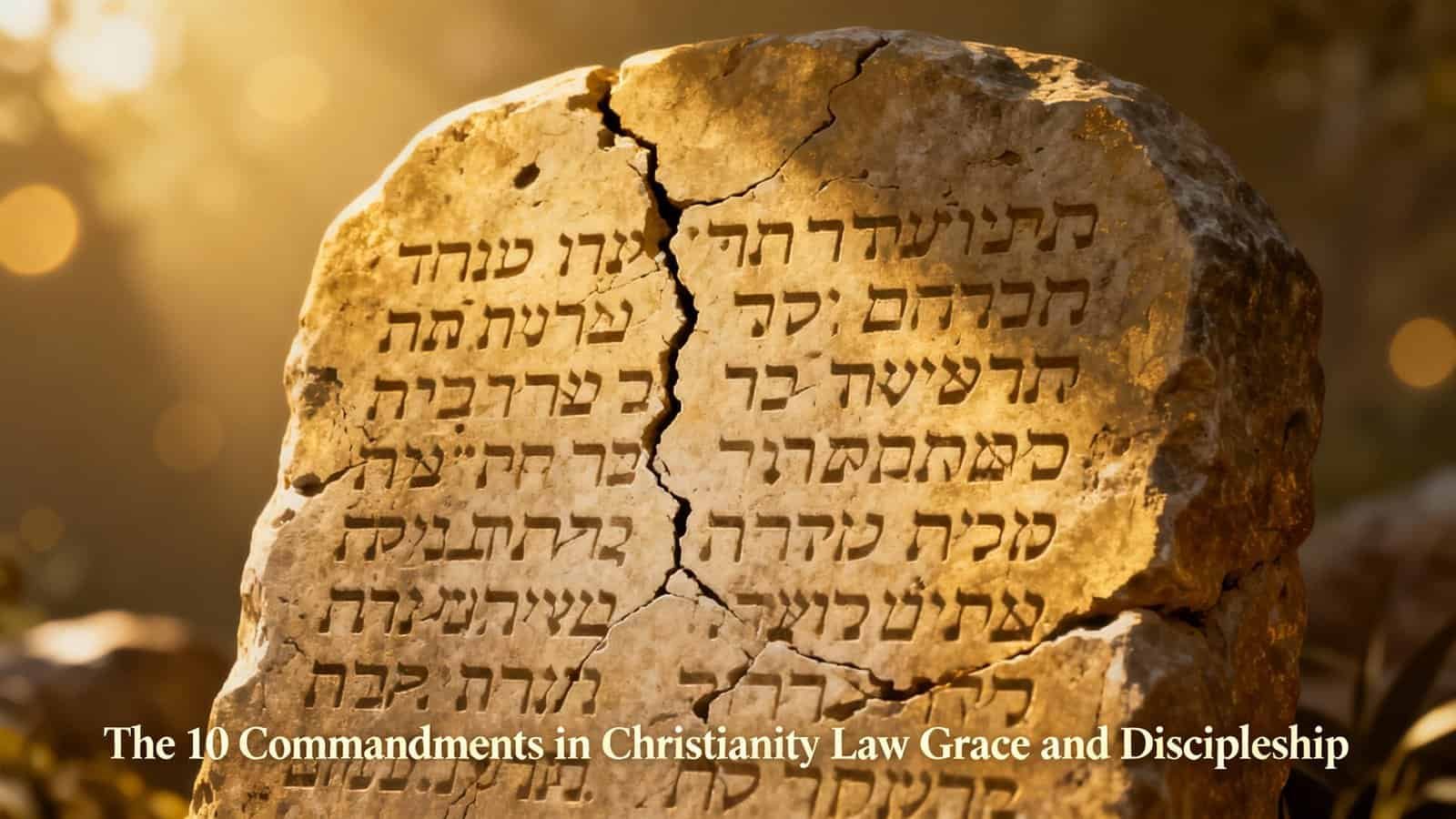 Modern cracked stone tablet inscribed with the Ten Commandments, symbolizing Christian biblical law and moral guidance.