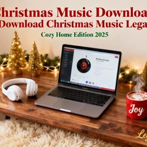 High-quality Christmas music download guide with cozy home setup, decorated with festive trees and warm lighting, perfect for legal holiday music streaming in 2025.