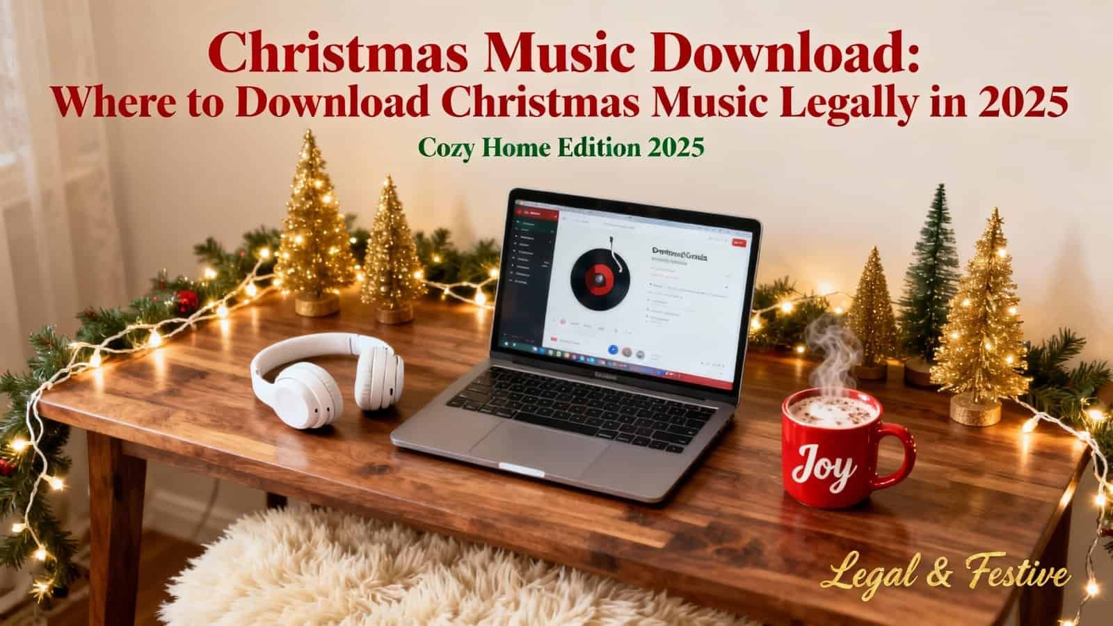 High-quality Christmas music download guide with cozy home setup, decorated with festive trees and warm lighting, perfect for legal holiday music streaming in 2025.
