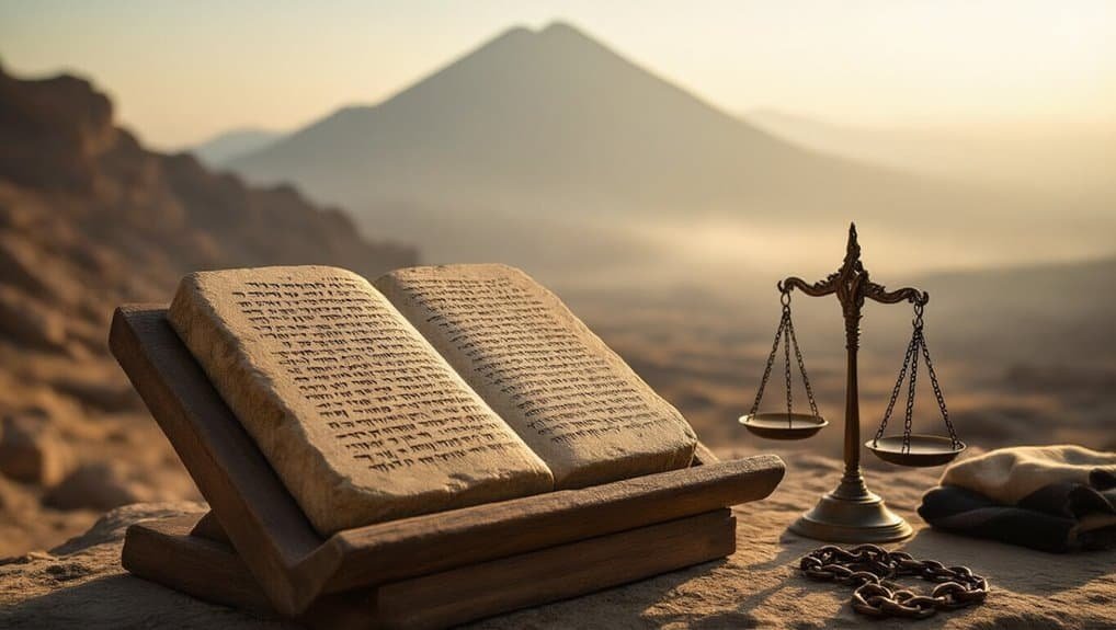 The 10 Commandments in the Torah: Sinai, Covenant, and Command My Bible Song 2026 Ancient open Bible with scales of justice and prayer beads on desert rock, symbolizing faith, truth, and spirituality in Christian worship and biblical study in a serene natural setting.