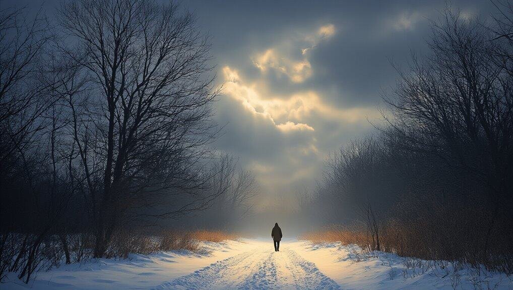Winter landscape with snow-covered path and a solitary person walking under dramatic cloudy sky, representing faith and hope from My Bible Song, inspiring spiritual journey and connection with God during challenging times.