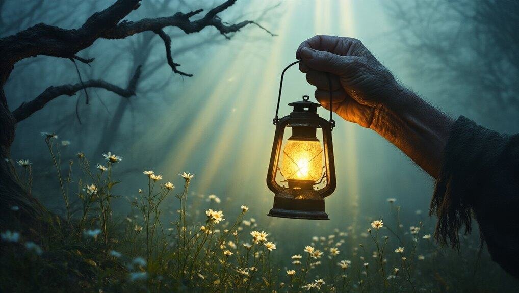 Bible Verses for Trusting God in Difficult Times My Bible Song 2026 Illuminated lantern held by hand in a mystical forest scene with sunlight rays, symbolizing faith, hope, and spiritual guidance from the My Bible Song website.