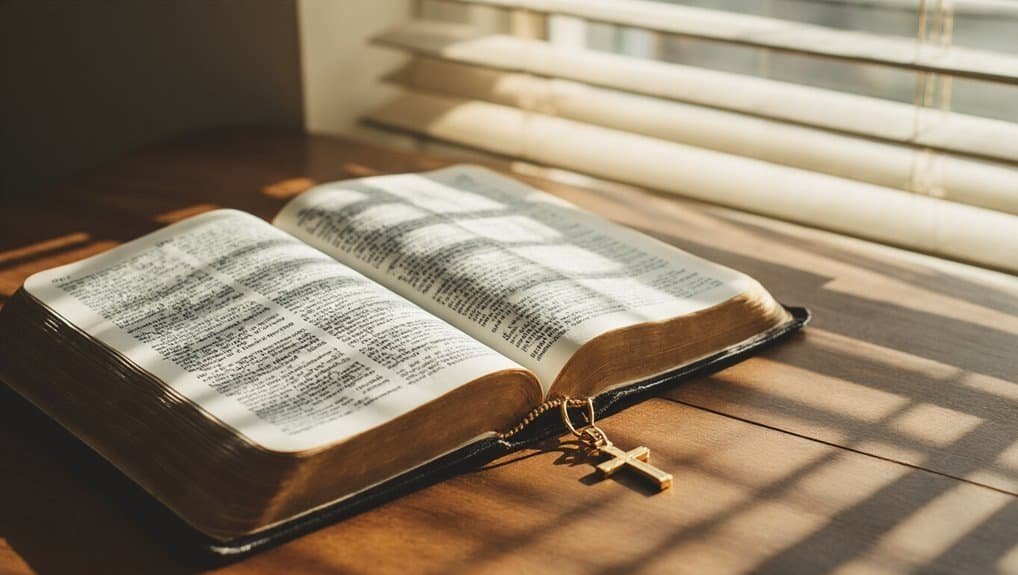 1. Open Bible with a gold cross pendant on a wooden table, sunlight streaming through blinds, emphasizing faith, spirituality, and Christian worship.