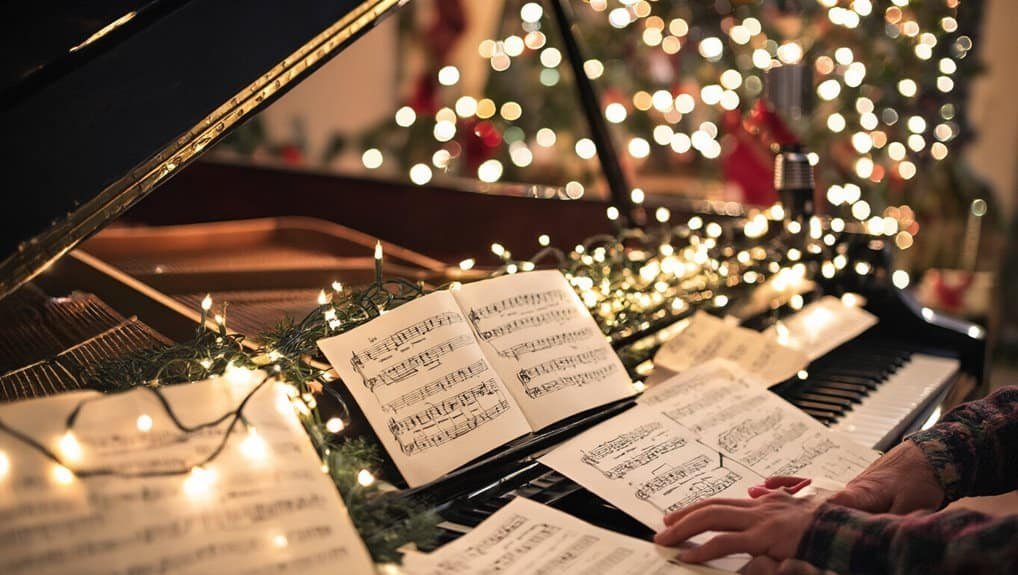 Beautiful Christmas piano with sheet music, festive lights, and a decorated tree in the background, capturing the joy of playing and singing traditional hymns during the holiday season.