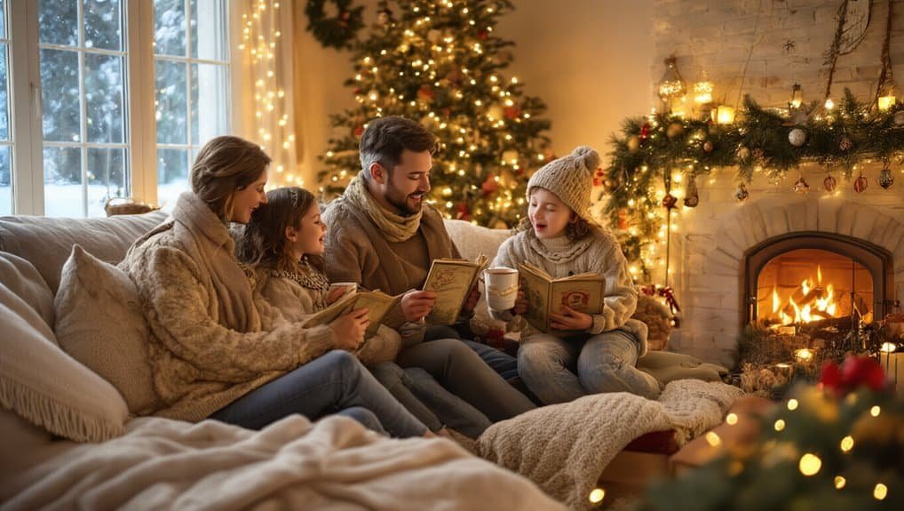Cozy family reading Christmas Bible stories together by the fireplace with decorated Christmas tree, creating a warm and festive atmosphere for the holiday season.