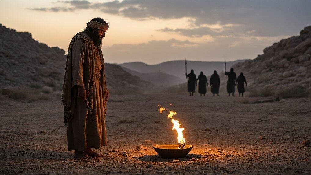 Ancient man worships with fire at sunset in desert landscape, biblical scene with spiritual reverence, emphasizing faith, prayer, and connection to God; inspired by biblical stories and spiritual practices.
