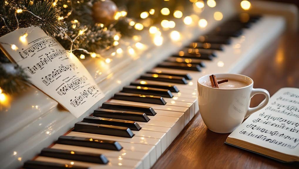 1. Close-up of a piano keyboard with sheet music, holiday lights, and a cup of hot chocolate with cinnamon, celebrating Christmas music and joyful melodies from My Bible Song website.