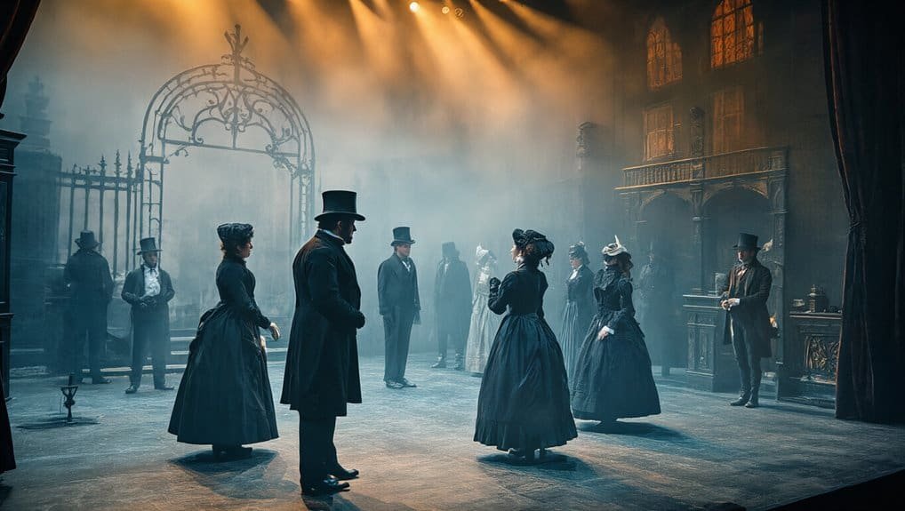 A haunting theater scene with people dressed in 19th-century attire, illuminated by dramatic lighting, creating a mysterious and historical atmosphere. Perfect for on-stage performances or dramatized biblical stories.