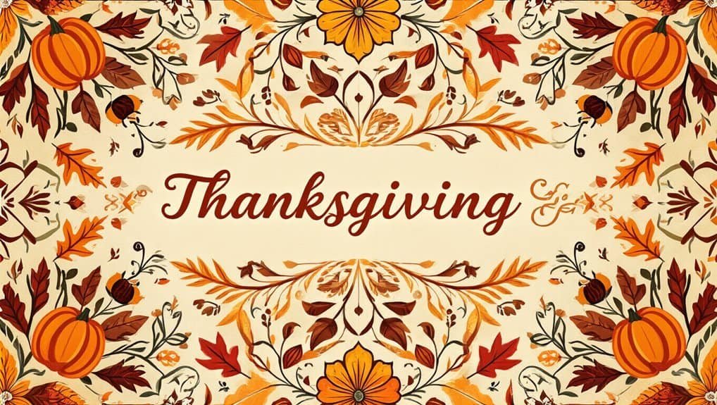 Autumn-themed Thanksgiving with pumpkins, colorful fall leaves, and floral accents, celebrating gratitude and seasonal harvest in a festive, warm design.