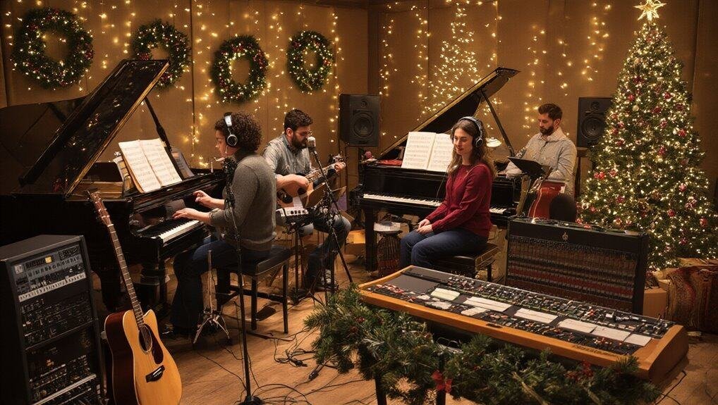 A serene Christmas worship session with musicians recording gospel songs in a festive studio decorated with holiday lights, wreaths, and a Christmas tree, capturing the spirit of faith and celebration.