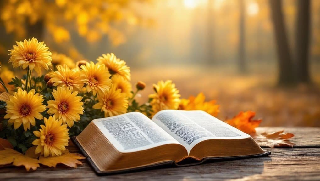 Bright open Bible on wooden table with yellow flowers and autumn leaves, outdoor scene, symbolizing faith, spirituality, and biblical inspiration. Perfect for Christian worship, Bible study, and religious content.
