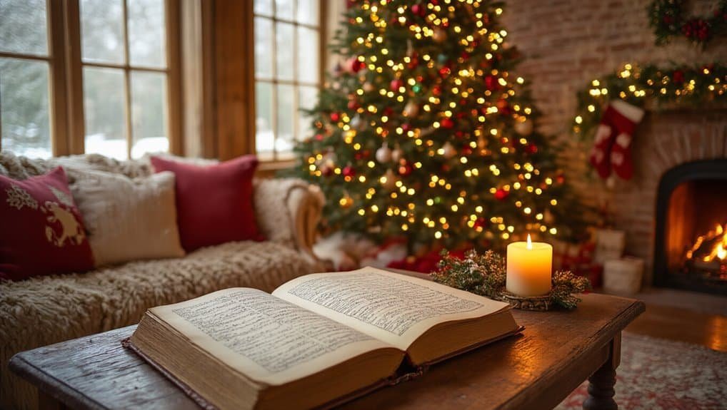 Bible open on wooden table by cozy living room decorated for Christmas with lit candle, Christmas tree, and fireplace, creating a warm and festive atmosphere for faith-based holiday celebrations.