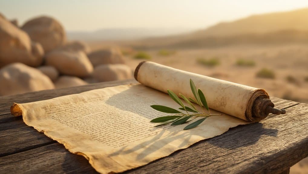 Ancient scroll with biblical text and olive branch on wooden table, symbolizing scripture, faith, and biblical teachings in a desert setting. Perfect for Bible study and Christian worship inspiration.