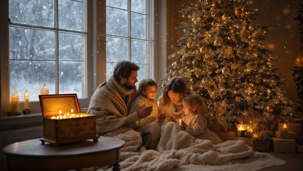 Kids singing Christmas carols by the Christmas tree with family during the holiday season, warm cozy atmosphere, candles, and festive decorations.