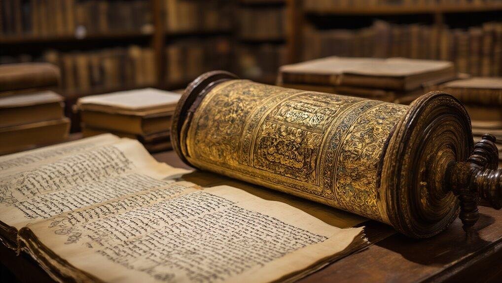 Ancient scroll and open Bible on wooden table in a library, emphasizing biblical study and religious history.
