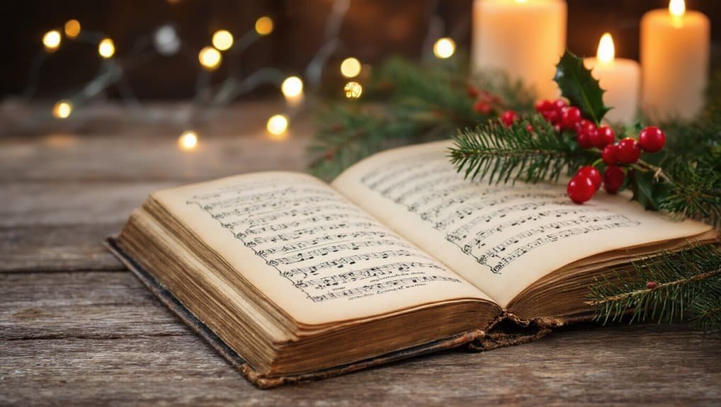 Open Bible with sheet music, Christmas candles, evergreen branches, and holly berries, creating a festive Christian atmosphere, perfect for holiday music, worship, and Bible song inspiration.