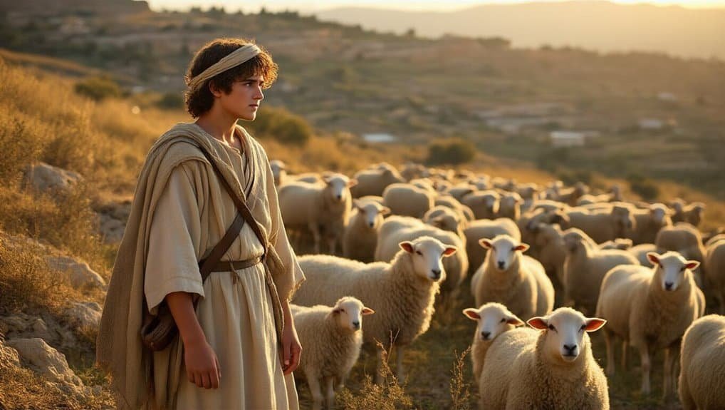 Bible Story King David: Shepherd, Slayer, and Scandal The Untold Secrets Behind Israel’s Greatest King My Bible Song 2026 Shepherd boy with sheep in fields during sunset, biblical scene of Jesus as the Good Shepherd, peaceful countryside, spiritual devotion, Christian faith, pastoral life, divine guidance, religious imagery.
