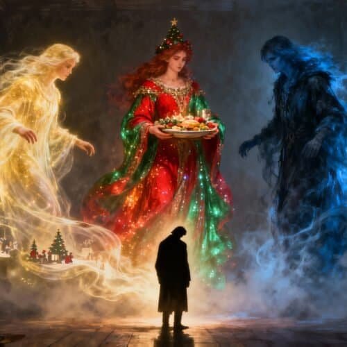 A Christmas scene with a person standing before three ethereal, glowing figures representing Mary, Joseph, and baby Jesus, surrounded by mystical fog and winter decorations.