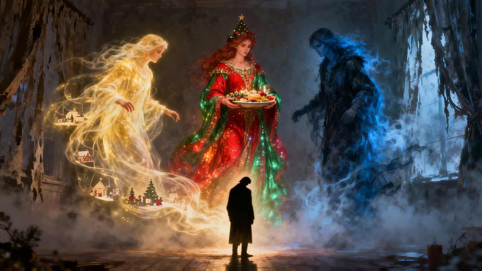 A Christmas scene with a person standing before three ethereal, glowing figures representing Mary, Joseph, and baby Jesus, surrounded by mystical fog and winter decorations.