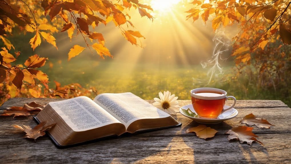 Peaceful autumn scene with an open Bible and a steaming cup of tea on a rustic wooden table, surrounded by fallen leaves and illuminated by warm sunlight. Perfect for spiritual reflection and prayer.