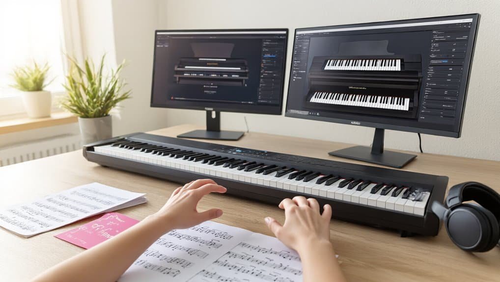 1. Dual computer monitors displaying virtual piano software for composing biblical-themed music, with sheet music and a keyboard in the foreground.