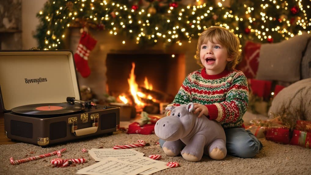 Singing Christmas song, child with hippo plush toy, cozy Christmas living room with decorated tree, fireplace, gifts, and vinyl record player, joyful holiday family scene, festive celebration, happy kid with holiday spirit.