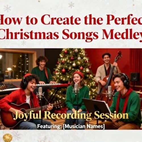 A joyful Christmas music recording session featuring a diverse group of young musicians with guitars, drums, and keyboard in a festive studio with a decorated Christmas tree.