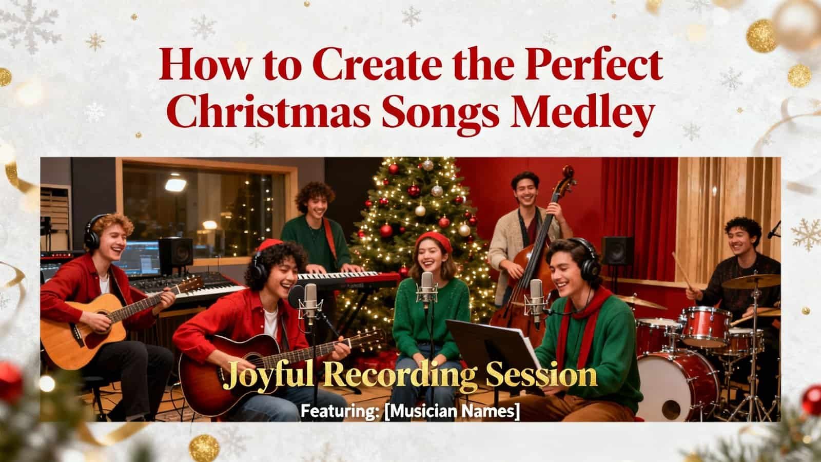A joyful Christmas music recording session featuring a diverse group of young musicians with guitars, drums, and keyboard in a festive studio with a decorated Christmas tree.