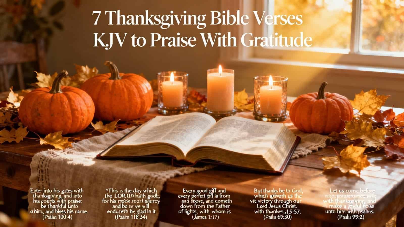Pumpkins and lit candles on a wooden table with an open Bible surrounded by autumn leaves, celebrating Thanksgiving with Bible verses and gratitude.