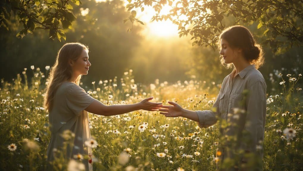 Peaceful women exchanging flowers in a field of daisies at sunset, symbolizing kindness, friendship, and faith, with sunlight filtering through trees.